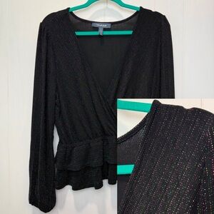 Modcloth Mardi Gras Colored Metallic Peplum Wrap Plunging Neckline Blouse Top L